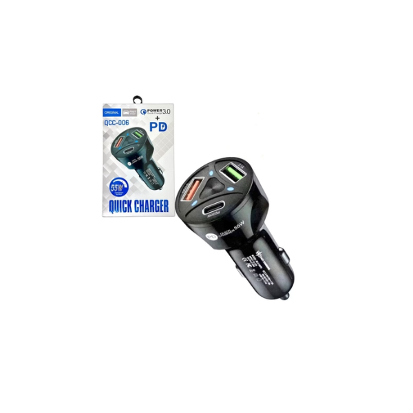 Carregador Veicular Universal Turbo | QCC-006 | Carregamento rápido | 3 portas || USB || QC3 | PD - Tpo C
